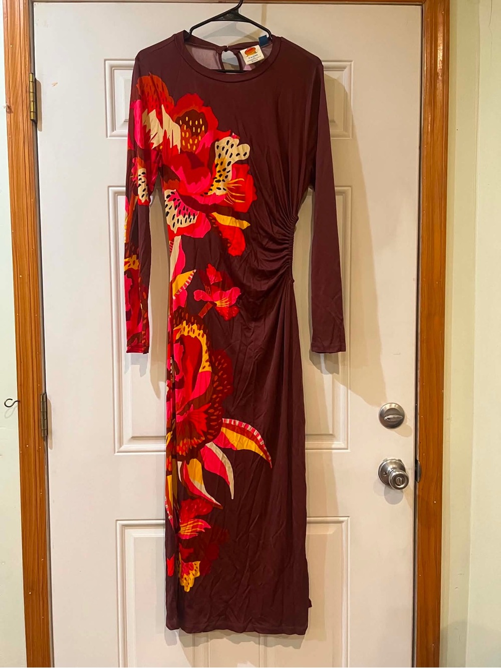 FARM Rio Long-Sleeve Brown Dress with Pink & Red Floral Print Size Medium